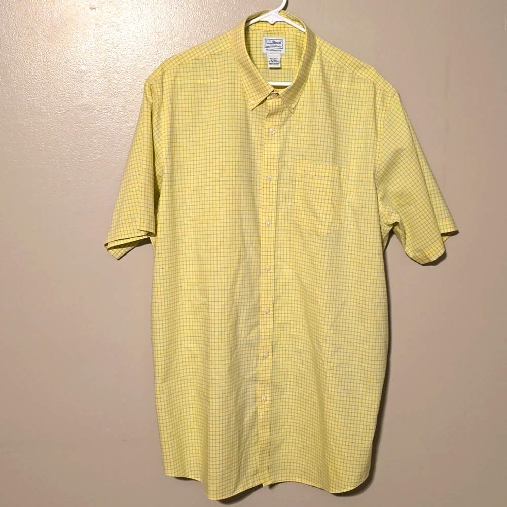L.L. Bean Button Down Short‎ Sleeve Plaid Shirt Yelliw Blue Mens Size XL Tall